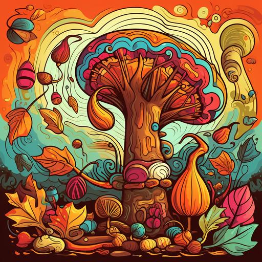 Adult illustration, Autumn fall with leaves and acorns, cartoon style, colorful background, thick lines, low detail, vivid color