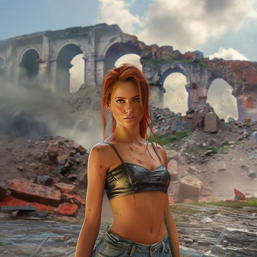 Adventurer Nina Kalenkow stands in front of an excavation site. She is wearing a short, tight top and short jeans. Full body. Photo realistic. Cinematic.  --v 6.0