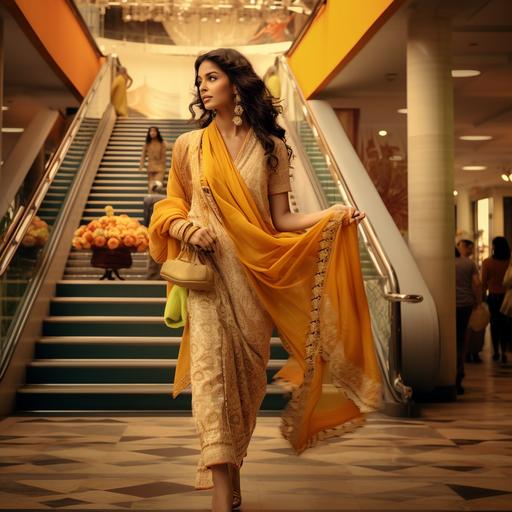 Advertisement campaign for Crochet handbags with an Indian model wearing a saree walking in a shopping mall