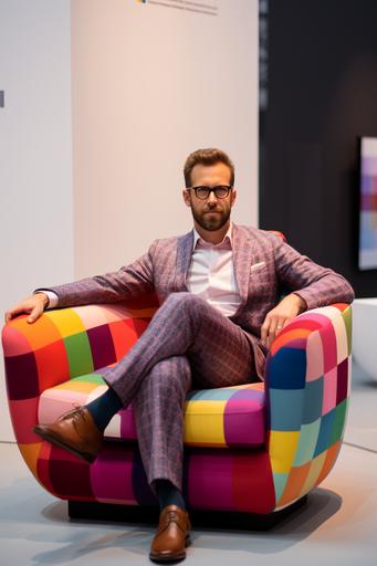 Advertising corner for participation in a sweepstakes, Ryan Reynolds with short beard and glasses, smartly dressed, sitting in an armchair made of a multicolored checkered fabric is displayed in front, inside an international trade show --ar 2:3
