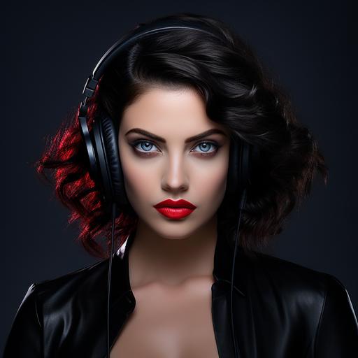 Advertising photography, Glamour portrait, Centered view, Looking to the right, elegant women, Most beautiful face beauty face, Most beautiful eyes blue eyes, Most beautiful lips glitter red lipstick, Most beautiful hair black hair with white headphones
