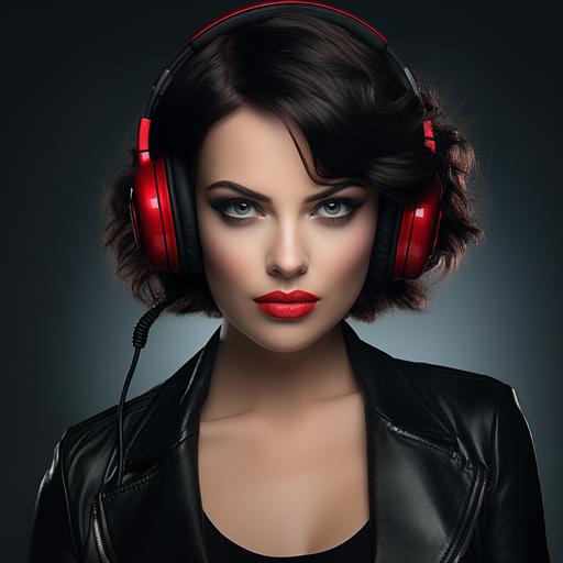 Advertising photography, Glamour portrait, Centered view, Looking straight into the camera, elegant women, Most beautiful face beauty face, Most beautiful eyes blue eyes, Most beautiful lips glitter red lipstick, Most beautiful hair black hair with white headphones