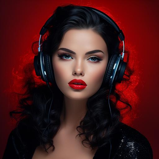 Advertising photography, Glamour portrait, Centered view, Looking to the right, elegant women, Most beautiful face beauty face, Most beautiful eyes blue eyes, Most beautiful lips glitter red lipstick, Most beautiful hair black hair with white headphones