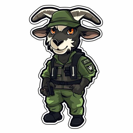 tactical goat, sticker, cartoon style --v 5
