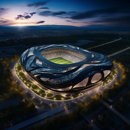 Aerial photo Football stadium of Inter FC with a capacity of 75,000 spectators and a Snake shape form, in the green hinterland of Milan city, black and blue main colors, futuristic architecture, made by v-ray, modern style, hyper realistic, 4k, 16:9 --s 250 --style raw
