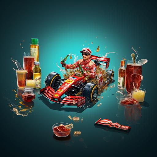 Formula 1 race car flyer with alcohol drinks