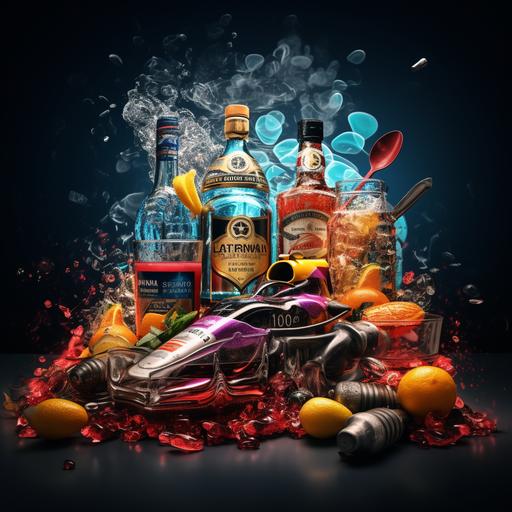 Formula 1 race car flyer with alcohol drinks