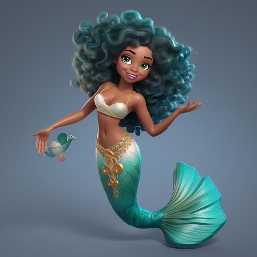 African America mermaid, full body realistic cartoon with big curly hair, teal tail, smiling