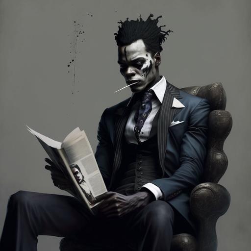African joker with black hair smoking weed white face paint black lipstick with black suit sitting down reading the The Prince by Niccolò Machiavelli
