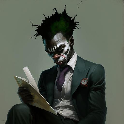 African joker with black hair smoking weed white face paint black lipstick with black suit sitting down reading the The Prince by Niccolò Machiavelli