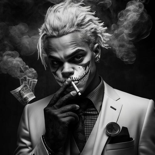 African joker with blonde hair black and white face paint smoking weed counting money in suit Diamond earrings