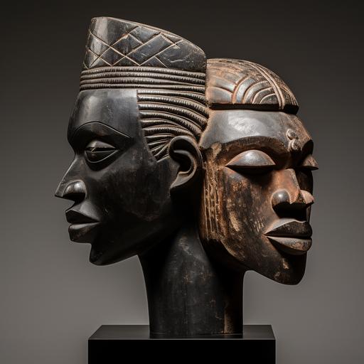 African statue face and Greek statue face in the form of Janus --style raw