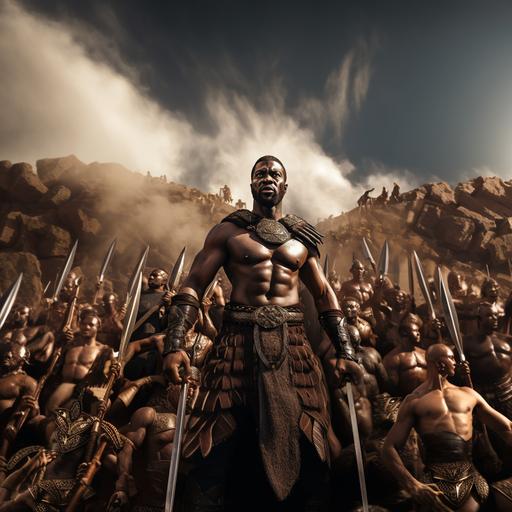 African warrior, muscular, tribal costume, commander of a group of warriors, cinematographic image, aerial image, giving instructions on the construction of the imposing tower of Babel, raid, biblical times