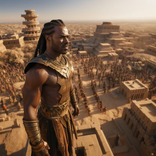 African warrior, muscular, tribal costume, commander of a group of warriors, cinematographic image, aerial image, giving instructions on the construction of the imposing tower of Babel, raid, biblical times