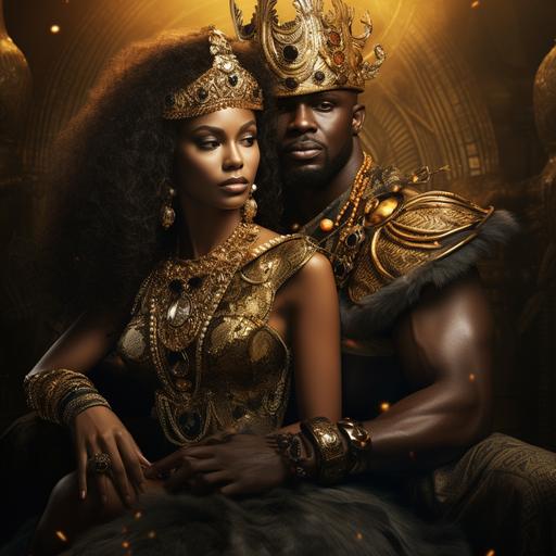 African warrior with gold crown holding hands with African Queen with Crown full of jewels with a pride of lions laying behind them