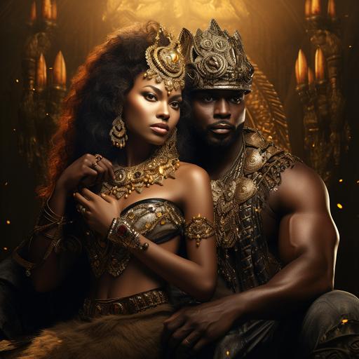 African warrior with gold crown holding hands with African Queen with Crown full of jewels with a pride of lions laying behind them