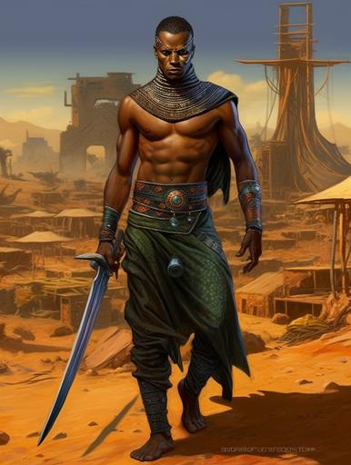 Afrofuturism African ninja in african attire and headdress, 2: 3, melanated male hero, full body, full length shorts, with katana on back, futuristic african village background, strong, muscular, 2: 3, athletic build, strong, high detail, Helios, athletic build, royalty, headshot, futuristic --ar 3:4 --q 2 --s 250