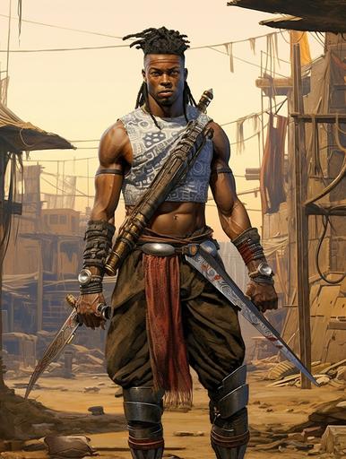 Afrofuturism African ninja in african attire and headdress, 2: 3, melanated male hero, full body, full length shorts, with katana on back, futuristic african village background, strong, muscular, 2: 3, athletic build, strong, high detail, Helios, athletic build, royalty, headshot, futuristic --ar 3:4 --q 2 --s 250