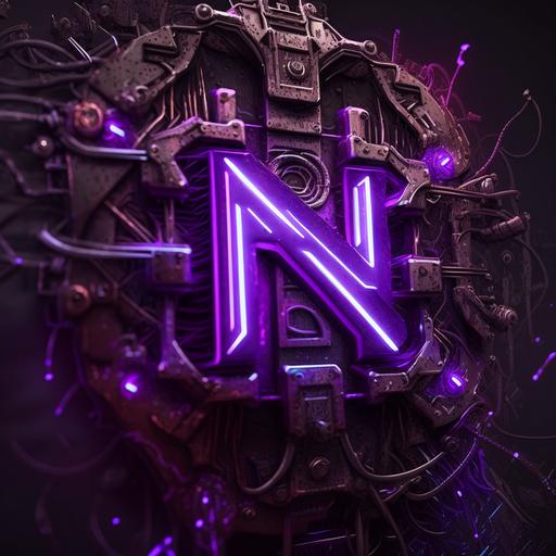 RN logo, 4k, metal, neon purple lighting, intricate, detailed, dark