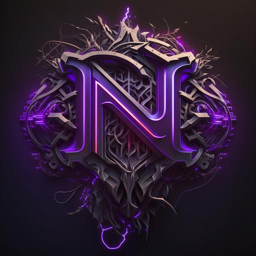 RN logo, 4k, metal, neon purple lighting, intricate, detailed, dark