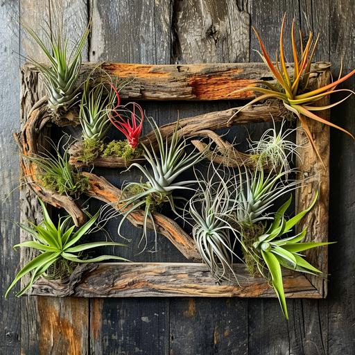 Air Plant Wall Art: An image of a creative wall display featuring air plants mounted on driftwood or within a rustic frame, showing how Tillandsias can be used as living sculptures in home decor. --v 6.0