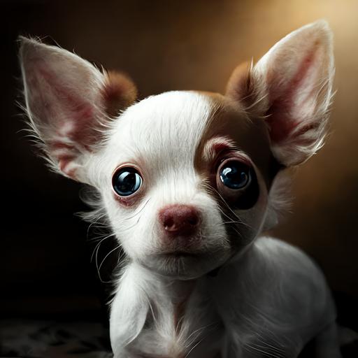 a dog, a white chihuahua puppy with a brown patch around one eye