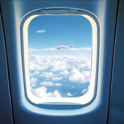 Airplane travel poster, window looking into the wing - iw, clouds - iw, 1080P, high detail - ar 2:3