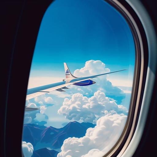 Airplane travel poster, windows--iw, clouds--iw, bright colors, 1080P, high details ar 2:3