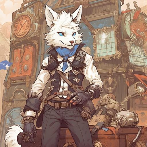 (masterpiece)(highly datailed)(sharp focus)(kemono)(furry)(fursona)Full boby visible.color cover illustration for a kemono magazine.A gay adult male steampunk skunk with a thatch of white hair wth a pale blue streak and blue eyes.Steampunk costume.Brown cuffed boots with spurs.Leather carrying bag with a shoulder strap and a red emboidered heart on the front of it. Clorful bead and bangle bracelets. Smiling. Posed in front of a stone wall in the open countryside.