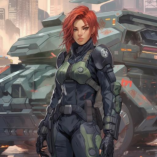 (masterpiece)(highly detailed)(sharp focus) cyberpunk female police agent n a loose gray coverall with a heavy metal yoke across the l, broad gun belt with large holster on one hip crouching atop a rounded futuristing battle tank. Wearing gauntlet gloves and holding a large cyberpunk pistol.Red hair and green eyes. She stands beside a rounded cyber tank, in the manga style of Studio Ghibli