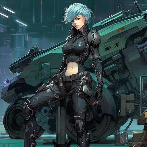 (masterpiece)(highly detailed)(sharp focus)(manga stle) cyberpunk female police agent n a loose gray coverall with a heavy metal yoke across the l, broad gun belt with large holster on one hip crouching atop a rounded futuristing battle tank. Wearing gauntlet gloves and holding a large cyberpunk pistol.Bluehair and green eyes. She stands beside a rounded cyber tank, in the manga style of Studio Ghibli