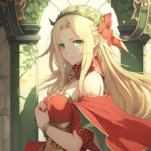 ((masterpiece)),ultra-detailed, intricate details, best quality,illustration)), Uka, the blonde goddess from the anime Inari, Konkon, Koi Iroha. Beautiful, blonde hair with red ribbon bands on either side of her face, green eyes, ornate red silk clothing worked in gold and green patterns, sitting in a stone courtyard before a red temple pillar. 3:2