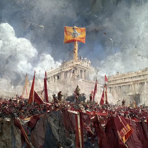 Aksumite soldiers conquer Rome and raise flags with cross ,ultra realistic resolution