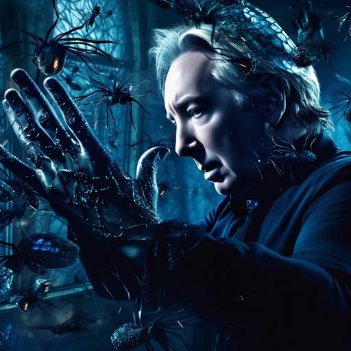 Alan Rickman in black gloomy clothes in gloves with claws is surrounded by a web in the form of a black spider monster around the little spiders stretches out his hand to Amber Heard in a chic shiny blue dress dances at the ball on her head a crown of diamonds and shining blue fireflies fly around her behind blue wings butterflies and they shine --q 2 --v 5 --s 750
