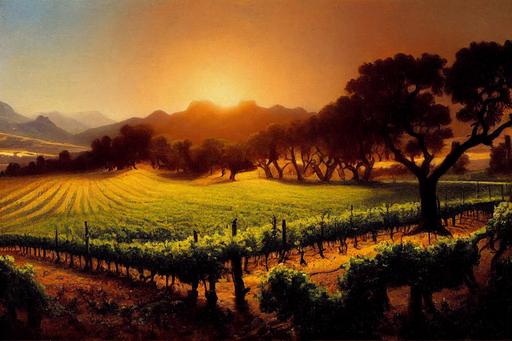 Albert Bierstadt painting of California vineyard, in the style of Albert Bierstadt, magic hour lighting, grapes, hyperdetailed --ar 5:3 --test --creative --upbeta --s 2500 --v 3