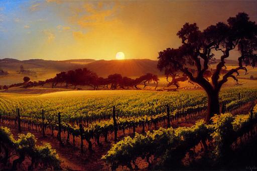Albert Bierstadt painting of Sonoma vineyard grape vines, in the style of Albert Bierstadt, magic hour lighting, hyperdetailed --ar 5:3 --test --creative --upbeta --s 2500 --v 3