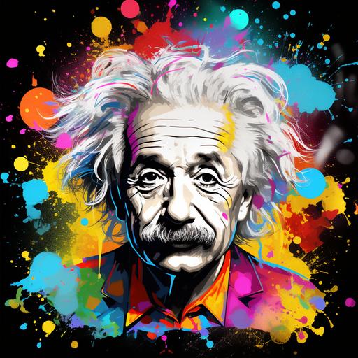 Albert Einstein pop art design with streetart background, splatters, splashes and dripping effect.