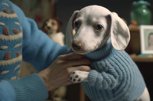 Albino dachshund with blue dog sweater is Mr Rogers changing into his sweater, hyper-realistic, hyper-detailed textures, 8k 35mm cinematic lighting, 1970s vibe --ar 3:2 --v 4