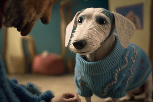 Albino dachshund with blue dog sweater is Mr Rogers changing into his sweater, hyper-realistic, hyper-detailed textures, 8k 35mm cinematic lighting, 1970s vibe --ar 3:2 --v 4