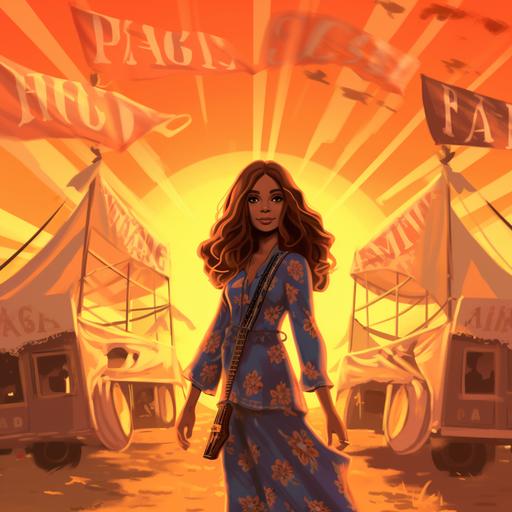 (Album Cover) A vintage 1960s album cover bathed in the warm, hazy glow of a setting sun. Naomi Scott’s 2D cartoon avatar, dressed as a quintessential hippie with flowing hair and bell-bottoms, strides confidently towards a carnival. Behind her, shadows of carnival tents and peace sign flags flutter. The scene is awash with fluorescent colors, juxtaposing the retro hippie era with vibrant silk-screen graphics. The atmosphere feels both nostalgic and digitally colorized, giving off a sense of mystery, perfectly suited for DeviantArt. Palette: Golden Sunset, Psychedelic Purples and Greens, Creepypasta Hints.