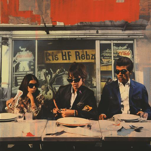 Album Cover, Collage of vintage photos, 1960s rock band at a road diner, pop art influences, created by Robert Rauschenberg, nostalgic, weathered textures and analog film grain. --v 5.2