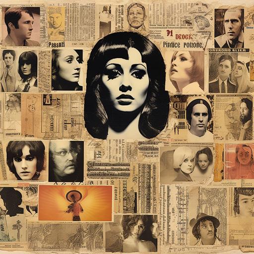 Album Cover collage featuring faces of iconic musicians, backstage moments, sepia tone, created by Peter Blake, evocative, old concert tickets and handwritten lyrics --v 5.2