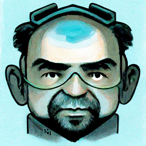 pfp cartoon tinkerer in a lab headshot glossy, looking left