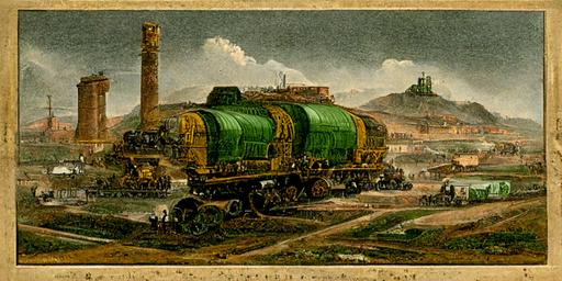 1865 chromolithograph of an industrial valley. A locomotive painted sienna, gold, and pea green is the focus of the piece. The locomotive is pulling freight cars painted buff and mineral brown --ar 2:1