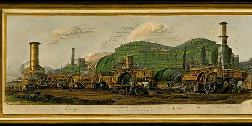 1865 chromolithograph of an industrial valley. A locomotive painted sienna, gold, and pea green is the focus of the piece. The locomotive is pulling freight cars painted buff and mineral brown --ar 2:1