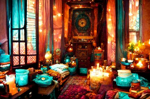 a captivating and mysterious bedroom inside a turret clock tower, with  17th century Moorish architecture and bohemian moroccan style interior decor, using shimmering colors teal, turqouise, magenta, orange, purple, green, jewel tones, with hanging lanterns, table lanterns, floor lanterns, intricately carved wooden headboard, luxurious furniture, patterned textiles, decorative mirrors, throw cushions, potted plants, multicolored Fanoos, fantasy, cinematic lighting, photorealistic, wide angle panoramic picture, sharp resolution --hd --ar 3:2
