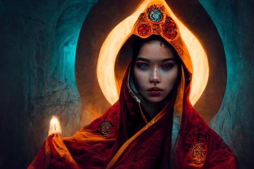a symmetrical priestess in dynamic pose wearing ornate robes holding a mystical anatomically correct human heart shaped gemstone of mystical fire topaz, in an ancient stone temple built of moonstone, cinematic lighting,  --ar 3:2