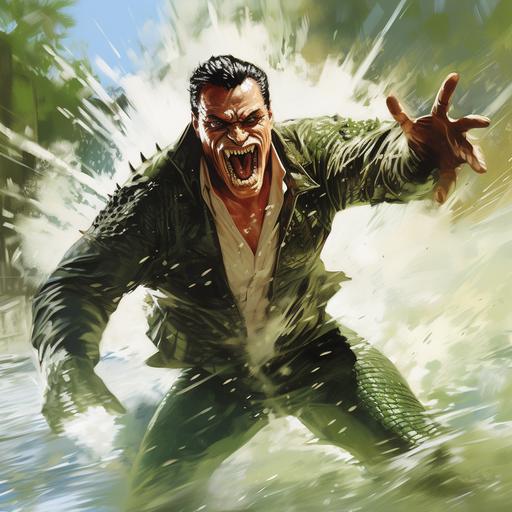 Alex Ross comic book art of male superhero in crocodile-themed costume, dynamic action shot, Swamp background, HD, ultrarealistic