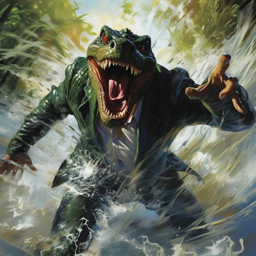 Alex Ross comic book art of male superhero in crocodile-themed costume, dynamic action shot, Swamp background, HD, ultrarealistic