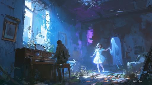 Alex and Casey were exploring an old house that had been abandoned for decades with flashlights in hand. Suddenly they heard a piano playing automatically and saw a ghost little girl dancing. The little girl smiled and said, 